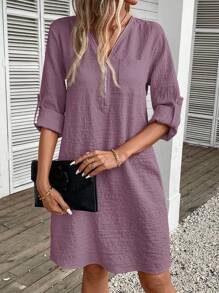 EMERY ROSE Women's Solid Color Zipper Pocket Long Sleeve Dress - Dusty Purple - View 3