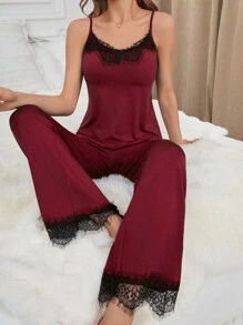 Women's Lace Patchwork Cami Top And Long Pants With Waist Belt And Long Sleeve Robe Pajama Set, Fall Winter Clothes - Burgundy - View 6