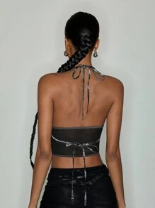 Studio Mila Sanchez Artist Dark Casual Printed Mesh Crop Halter Top For Women, Holiday, Going Out, Festival, Western Wear - Black - View 5