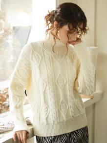 Knit Mix Women's Turtleneck Pullover Knitted Sweater - Apricot - View 1