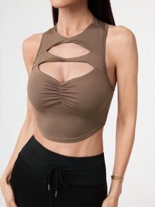Easithlete Summer Solid Color Twist Twist Hollow Out Slim Fit Cropped Sports Tank Top Workout Tops - Brown - View 4