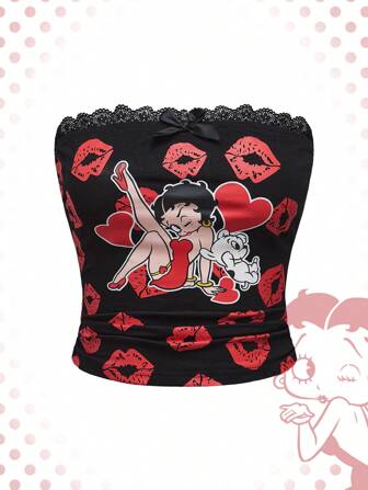 Betty Boop | ROMWE Top tubo estampado con los labios de un personaje de dibujos animados con encaje de contraste para el verano