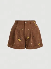 SHEIN MOD Plus Size Women's Flower Embroidered Corduroy Shorts