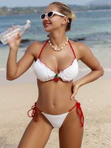 Swim Mod Bộ bikini có đường viền tương phản dành cho nữ dành cho kỳ nghỉ ở bãi biển & hồ bơi, Bộ bikini đi biển mùa hè Bộ áo ngực và bikini dưới Bộ bikini dành cho bãi biển mùa hè - Đỏ và trắng - Xem 6
