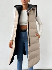 SHEIN Tall Tall Size Zip Up Drawstring Hooded Puffer Vest Coat ,Travel Outfit Airport - Black - View 2