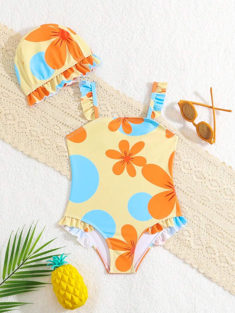 Little Girls' One Piece Swimsuit (Random Print) - Orange - View 1