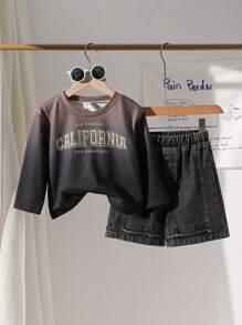 Young Boys' Simple Print Long Sleeve Shorts 2-Piece Set - Black - View 1