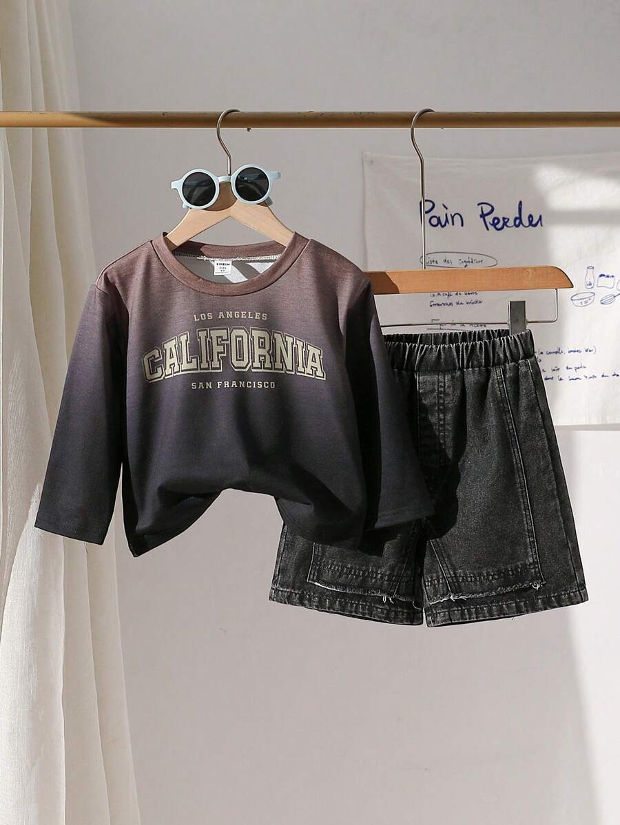 Young Boys' Simple Print Long Sleeve Shorts 2-Piece Set - Black - View 1