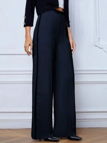 SHEIN Tall Calças Femininas de Cintura Alta e Modelagem Solta em Cor Sólida para o Dia a Dia e Escritório com Bolsos e Pernas Largas - Azul Marinho - Visão 1