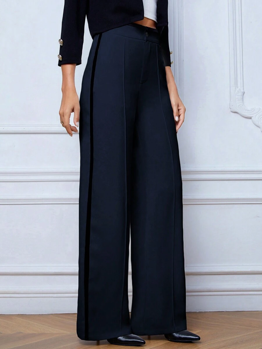 SHEIN Tall Calças Femininas de Cintura Alta e Modelagem Solta em Cor Sólida para o Dia a Dia e Escritório com Bolsos e Pernas Largas - Azul Marinho - Visão 1