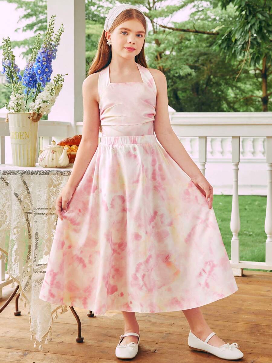 Tween Girls Allover Print Halter Top And Skirt Set For Summer