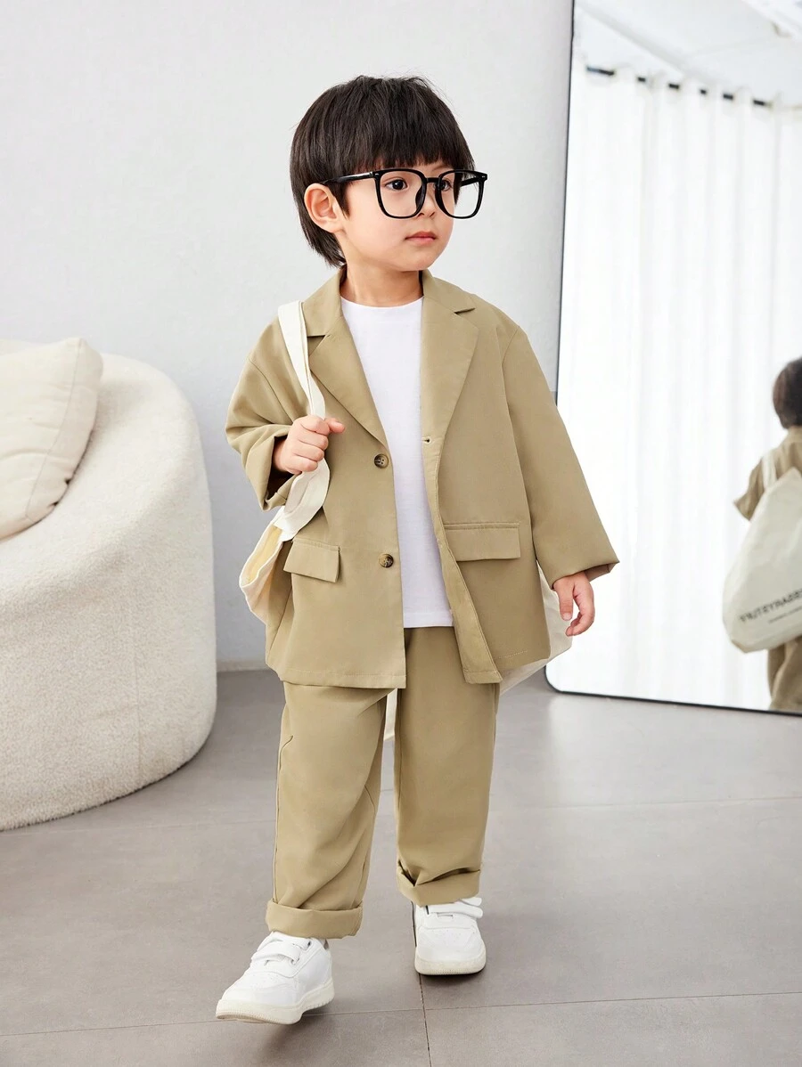 SHEIN Leap Crew 2pcs/Set Young Boys' Casual And Comfortable College Style Simple Practical Suit Set, Including Blazer Jacket And Suit Pants, Loose Fitting And Breathable, Suitable For Daily Wear, School, Traveling, And Sports, For Spring, Autumn, And Winter Seasons - Khaki - View 1