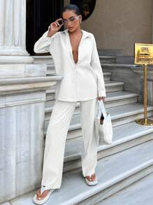 EURMUSE 97%纯棉纯色落肩衬衫和裤子两件套 - 白色 - 查看 4