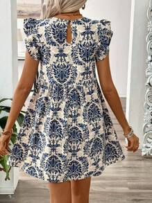 Breezaya Printed Double-Layered Mini Cap Sleeve Summer Vacation Babydoll Dress - Blue - View 2