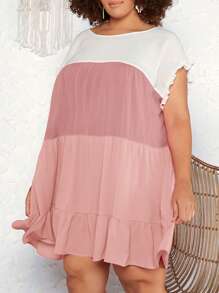 SHEIN CURVE+ Robe d"été grande taille de style vacances plage avec manches à volants et col rond bicolore en A - Multicolore - Voir 7