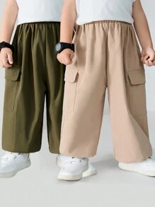 SHEIN 2入組男童鬆身哈倫褲，彈性腰帶舒適透氣，多口袋和彈性口袋，實用且單色設計。(韓風) - 彩色 - 查看 1