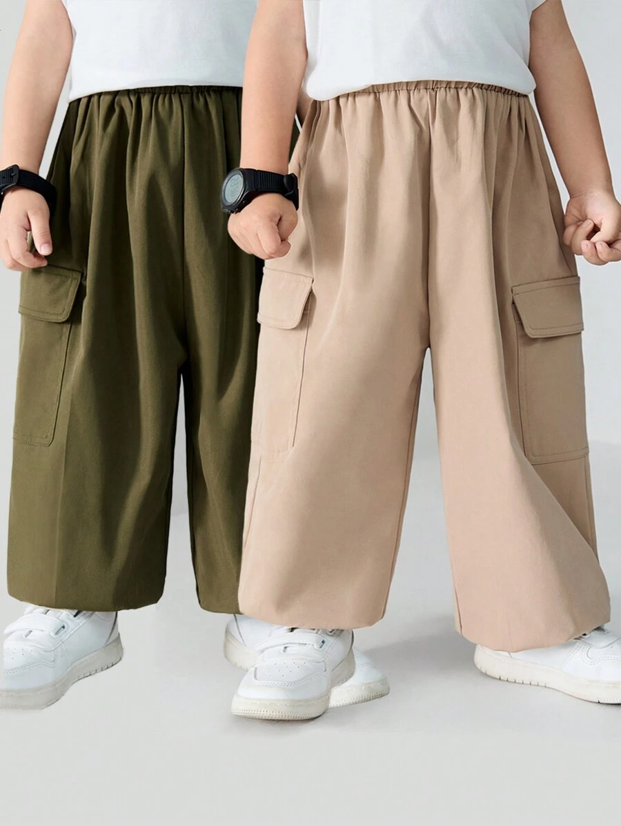 SHEIN 2入組男童鬆身哈倫褲，彈性腰帶舒適透氣，多口袋和彈性口袋，實用且單色設計。(韓風) - 彩色 - 查看 1