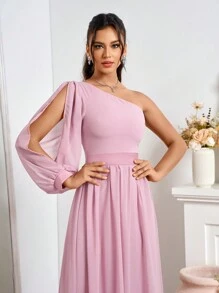 SHEIN Belle 女性春夏時尚純色燈籠袖長裙 - 粉色 - 查看 4