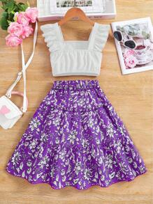 SHEIN Conjunto de top y falda larga sin mangas para fiesta de verano elegante y hermoso para niña joven - Blanco - Ver 2