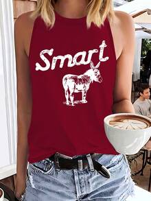 SHEIN LUNE Cartoon Animal Donkey Printed Women's Round-Neck Top For Summer - Red - View 3