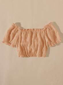 SHEIN WYWH 前抽繩褶邊胸部褶皺短款上衣 - 橘色 - 查看 2