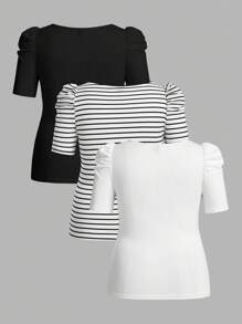SHEIN Essnce Paquete de 3 camisetas de cuello cuadrado ajustadas de verano para mujer talla grande, ropa de verano para mujer, blusas lindas, camisetas a rayas, atuendos de verano, blusas talla grande, blusas curvilíneas