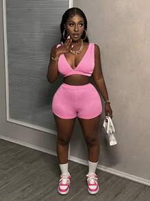 Slaydiva 2024 New Spring Summer Women's Sleeveless Top And Tight Shorts Two-Piece Set