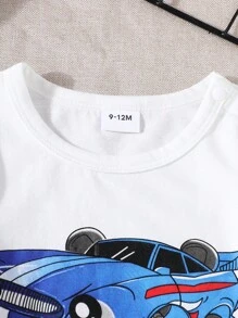 2 Stücke Baby Jungen Set mit Kurzarm T-Shirt Muster mit Autos und Shorts für den Sommer - Blau-Weiß - Übersicht 3