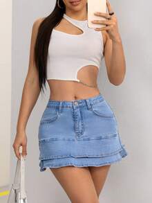 SHEIN PETITE Falda vaquera de doble capa para mujer con dobladillo con volantes y bolsillos - Lavado ligero - Ver 3