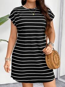 SHEIN LUNE Plus Size Black And White Round Neck Striped Midi Dress, Summer - Black - View 1
