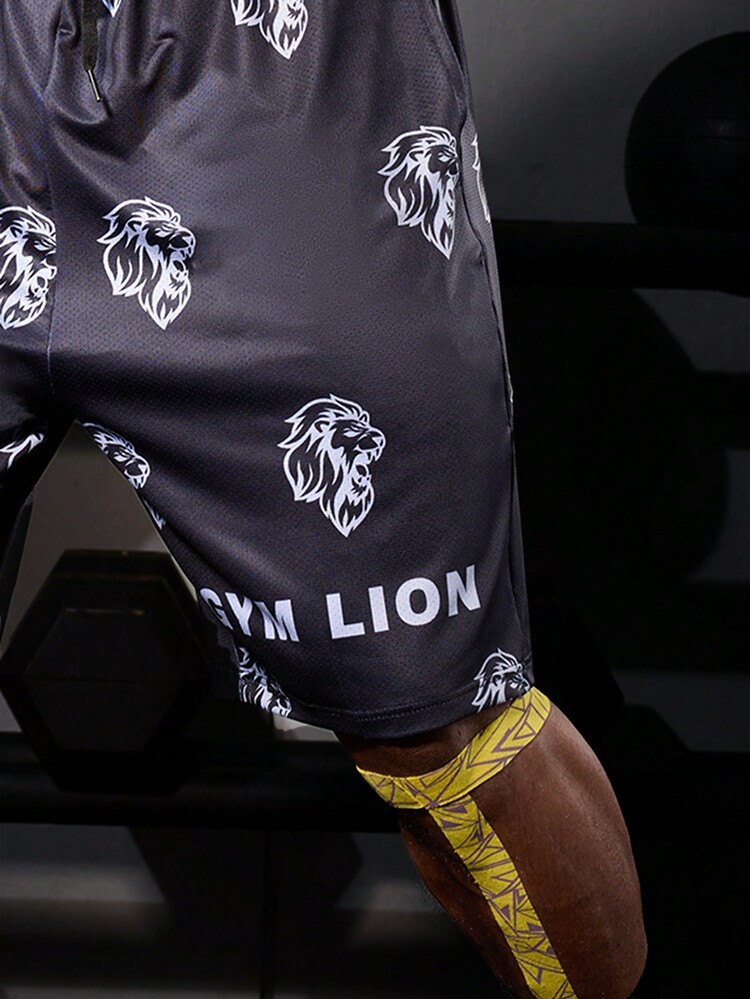 Manfinity Sport Corelite Boyfriend Style Men's Drawstring Lion Printed Casual Sports Shorts Jogger Shorts Sweat Pants Black Shorts - Black - View 7