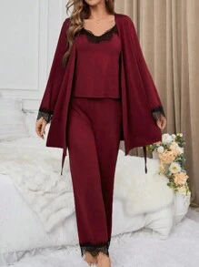 Women's Lace Patchwork Cami Top And Long Pants With Waist Belt And Long Sleeve Robe Pajama Set, Fall Winter Clothes - Burgundy - View 3