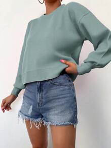 SHEIN Cottnline Women's Drop Shoulder Round Neck Sweater - Mint Green - View 5