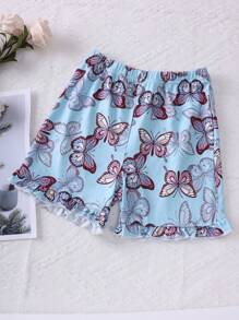 Regata com Estampa Total de Borboleta Azul para Menina Jovem com Shorts, Conjunto Casual para Casa com 2 peças