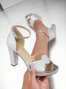 女士高跟凉鞋露趾踝带高跟鞋闪亮黑色和银色高跟鞋时尚派对宴会舒适度假鞋，圣诞礼物