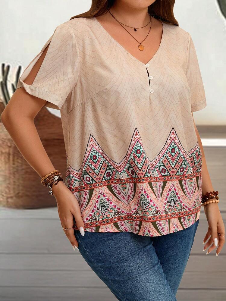 Plus Size Vintage Hollow-Out Printed Short Sleeve Vacation Casual Shirt