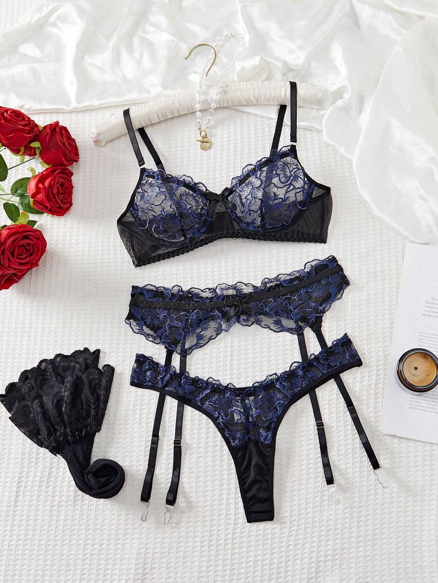 SHEIN Bộ đồ lót ren gợi cảm cho nữ - Màu xanh hải quân - Xem 1