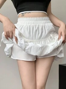 DAZY 女士夏季純色荷葉邊休閒短裙 - 白色 - 查看 8