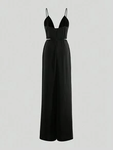Solid Cut Out Cami Jumpsuit - Black - View 2