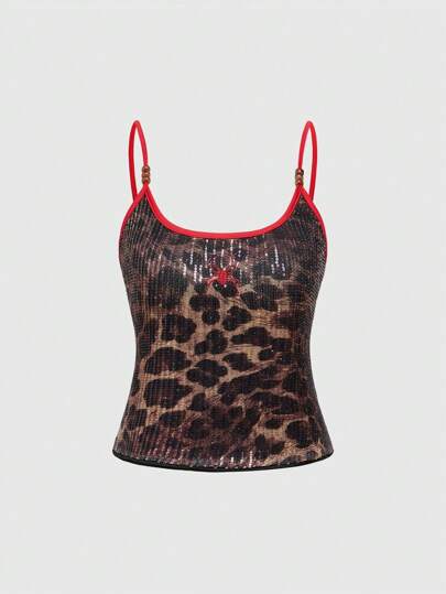 Grunge Punk Top de camiseta de mujer con ajuste ceñido, decoración con bordado de araña, estampado de leopardo y lentejuelas, Y2K sexy, para festival rave, escuela
