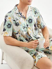 Men's Summer Floral Printed Short Sleeve Shorts Homewear Set