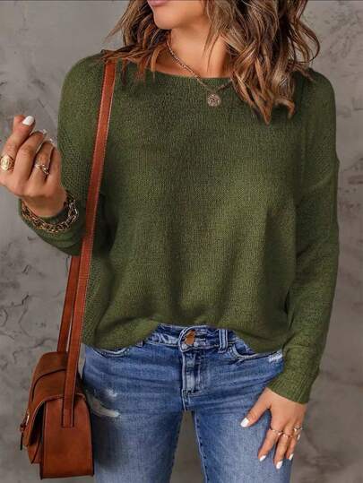 Top de Malha de Inverno e Outono Feminino de Gola Barco de Cor Sólida com Mangas Compridas