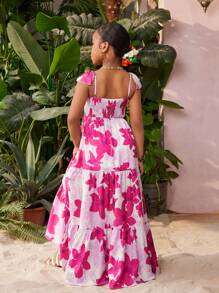 Vestido de manga corta de gasa con estampado floral para niñas preadolescentes de vacaciones, casual, para primavera/verano. Conjunto a juego entre madre e hija (Se venden por separado 2 piezas) - Multicolor - Ver 2