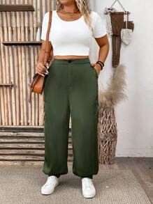 Plus Size Solid Color Drawstring Waist Casual Tapered Pants With Pockets