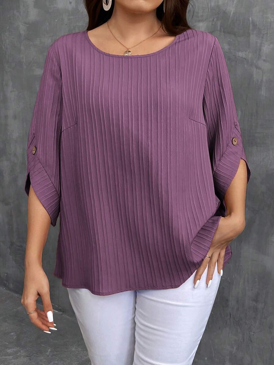 SHEIN LUNE Plus Size Round Neck Casual Mid-Length Sleeve Shirt For Daily Wear