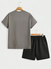 Manfinity LEGND 2pcs Men's Grey Top Black Bottom Short Sleeve Shorts Outfit Set - Multicolor - View 5
