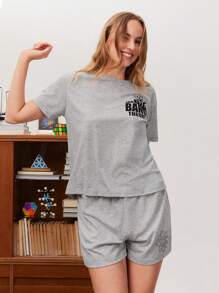 THE BIG BANG THEORY X SHEIN Themed Solid Color Print Short Sleeve T-Shirt & Shorts Pajama Set For Women - Light Grey - View 1