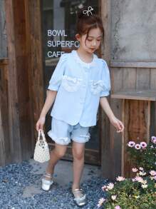SHEIN 少女新款淺藍色可愛假珍珠領上衣和短褲套裝，帶蝴蝶結裝飾，媽媽和女兒裝配對（2套裝分開銷售） - 淺藍色 - 查看 5