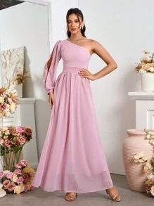 SHEIN Belle 女性春夏時尚純色燈籠袖長裙 - 粉色 - 查看 3