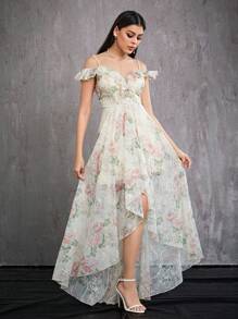 Mgiacy Spaghetti Strap Off Shoulder Ruffle Hem Romantic Embroidered Floral Print Asymmetrical Bridesmaid Dress - Coral Pink - View 6